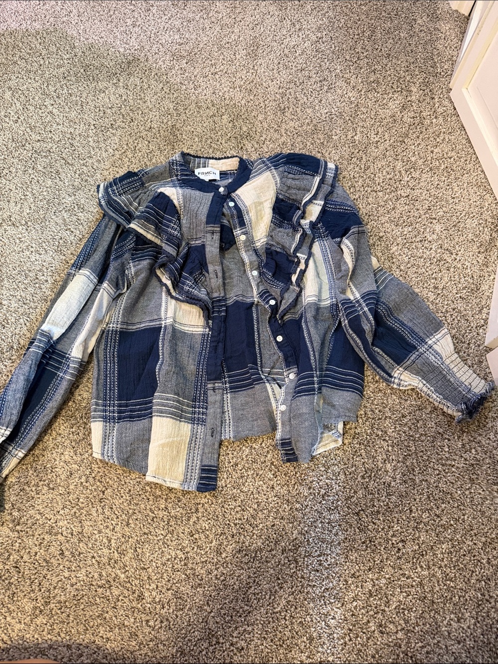 FRNCH Girls Navy and Cream Plaid Ruffle Button-Down Shirt